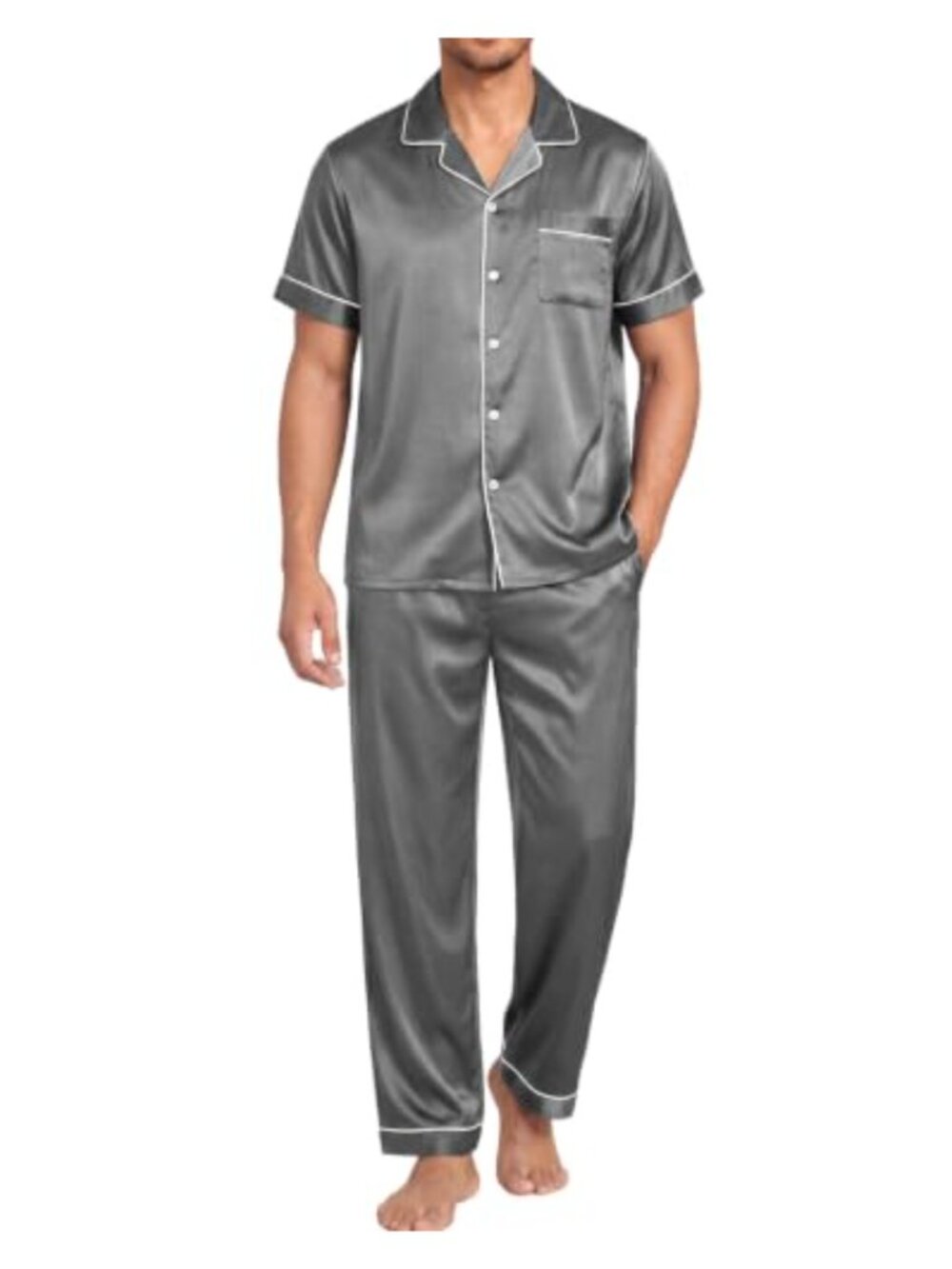Men's Satin Pajama Set Short Sleeve Button Down Sleepwear with Pants